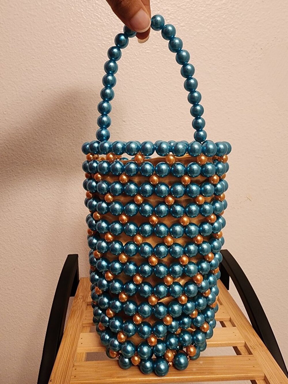 ✨ Handcrafted Turquoise & Gold Beaded Bucket Bag ✨